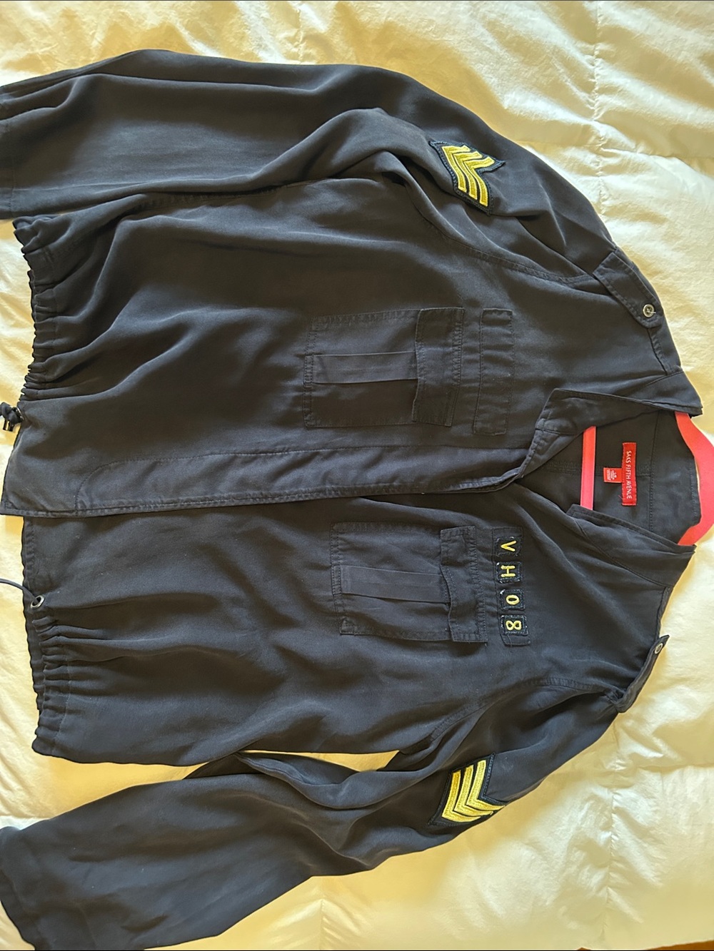 Saks Fifth Avenue Navy Military-Style Jacket w/Yellow Chevron Patches Large